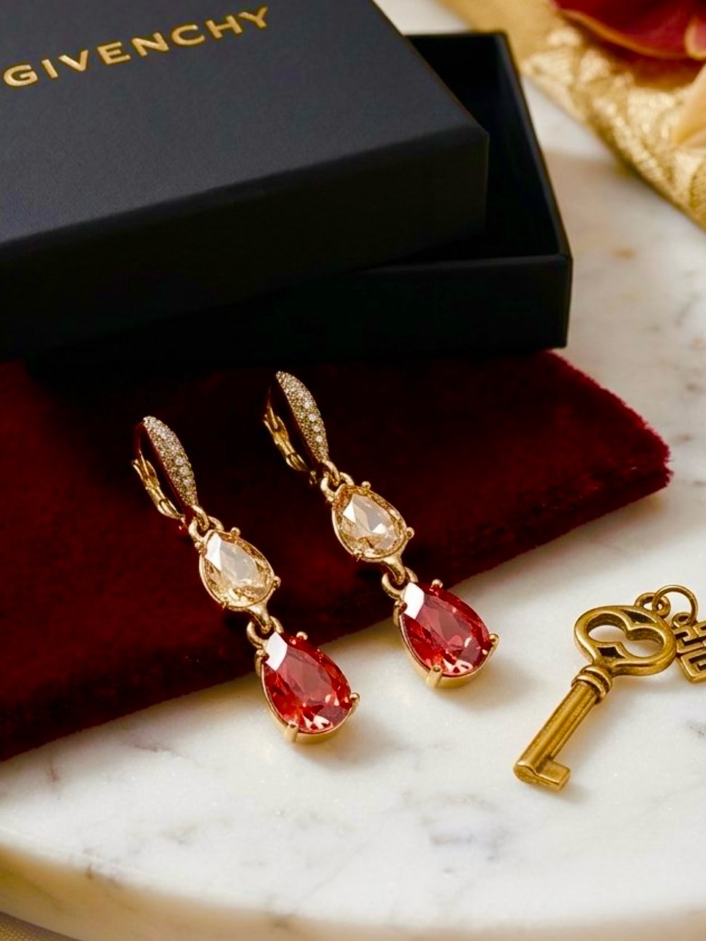 New Authentic Givenchy Gold-Tone teardrop  Earrings with orange and Champagne